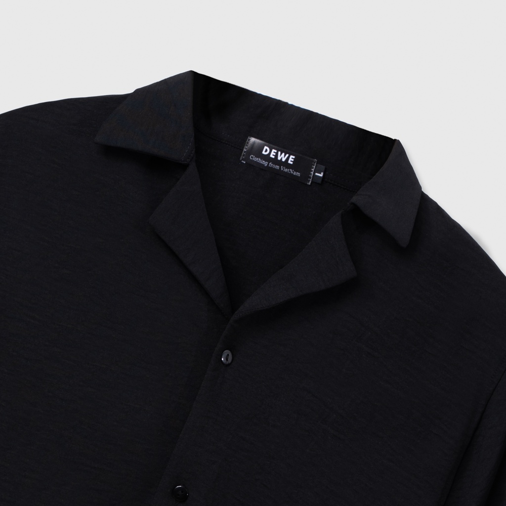 Áo sơ mi nam ngắn tay DEWE, vải đũi trơn thoáng mát, Màu Đen - DEWE Cuban Basic Shirt