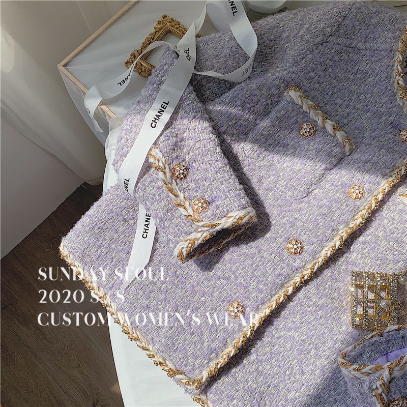 Bán Chạy!F &amp; X X neo Áo Khoác Cardigan Ngắn Vải Tweed Cao Cấp Lót Lông Cừu Phối Dây Xích Màu Tím Oải Hương Sang Trọng Xiaoxiangrui ch neo