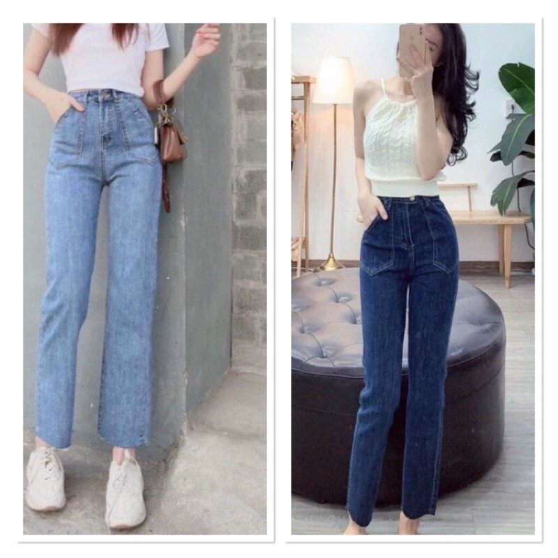 Quần jeans nữ ống đứng túi ốp, xanh đậm, xanh nhạt, quần bò cạp cao Chất bò giãn mềm, Chuẩn fom lưng cao như mẫu đẹp