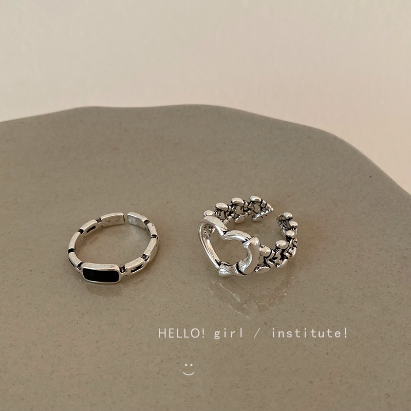 Set 2 Nhẫn Bạc Khắc Trái Tim Rỗng Có Thể Điều Chỉnh Kích Cỡ