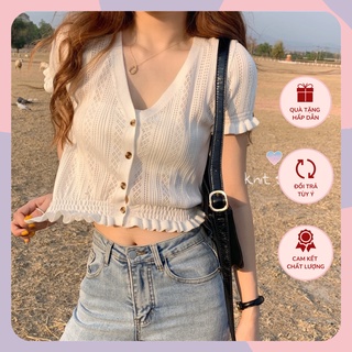 Áo Jenny dáng ngắn cổ V len lỗ cúc gỗ WANWEAR phong cách vintage retro hè xuân dệt kim