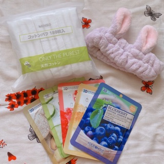COMBO LÀM ĐẸP: 1 bông tẩy trang Miniso, 1 băng đô, 5 mask
