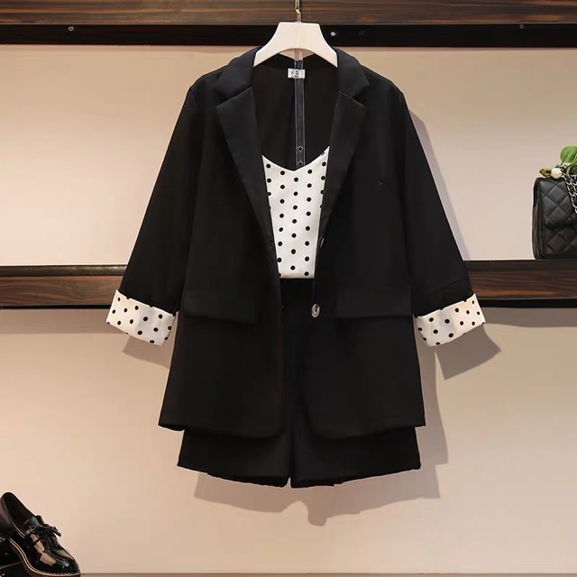 Bigsize L-4XL Set 3 chi tiết: Áo khoác blazer + áo 2 dây chấm bi + short