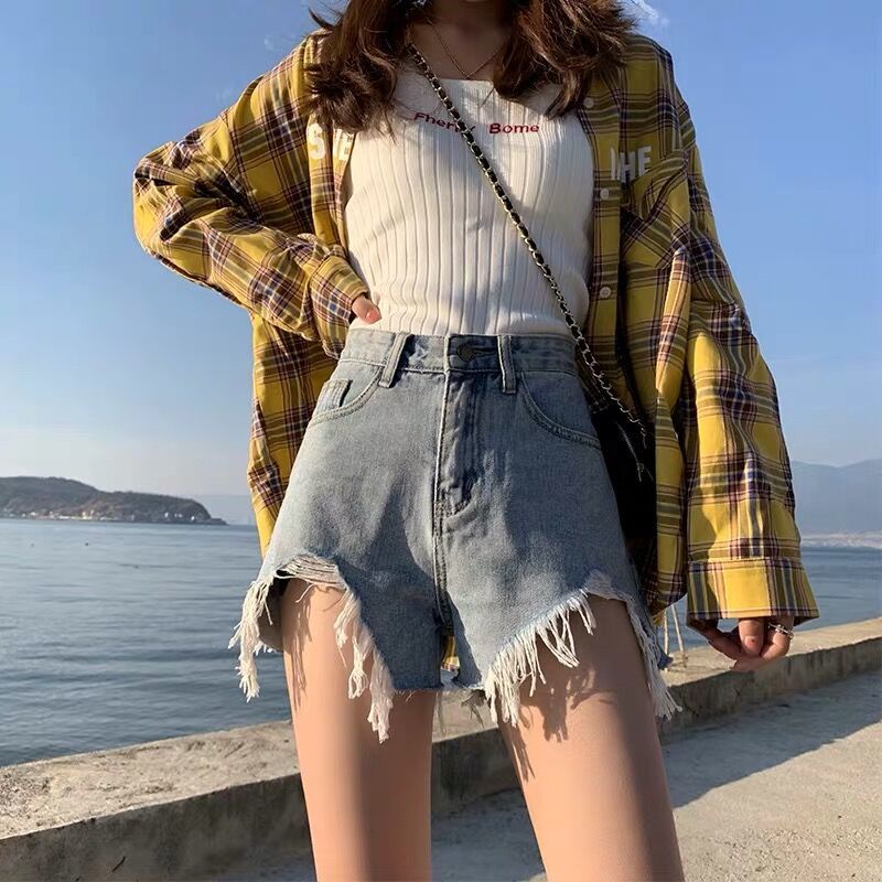 Quần Short Denim Lưng Cao Dáng Chữ A Ống Rộng Thời Trang Mùa Hè Phong Cách Hàn Quốc Mới Cho Nữ