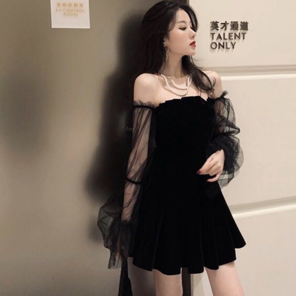 Đầm nữ , đầm váy nữ nhung tay phồng dáng váy xòe hở vai phong cách sexy sang chảnh ATILA.SHOP | BigBuy360 - bigbuy360.vn