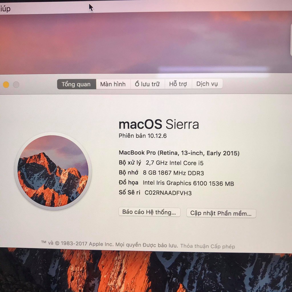 Máy Apple Macbook Pro Retina (2015) Intel Core i5 2.7GHz, 8gb ram, 128gb ssd, Vga Intel hd Grpahics 6100, 13.3 inch Đẹp