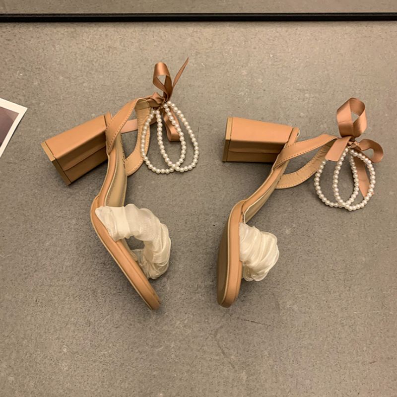 Giày cao gót voan nhũ thắt nơ sang chảnh đế vuông cao 9cm cd45