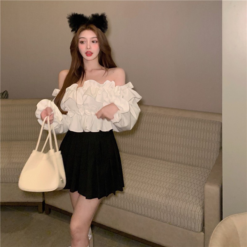 (ORDER) Áo sơ kiểu nữ màu trắng hở vai nhún viền bèo 3 tầng điệu đà gợi cảm (new_arrivals)