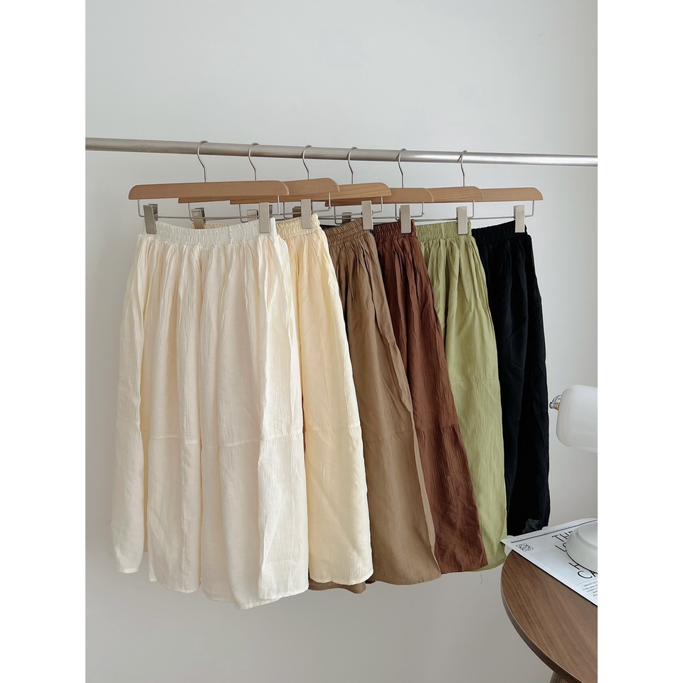 CHÂN VÁY DÀI MIDI TƠ VOAN doubleh.clo - Chân váy midi tơ đũi nhăn basic 2 lớp bồng bềnh công chúa ulzzang Hàn Quốc