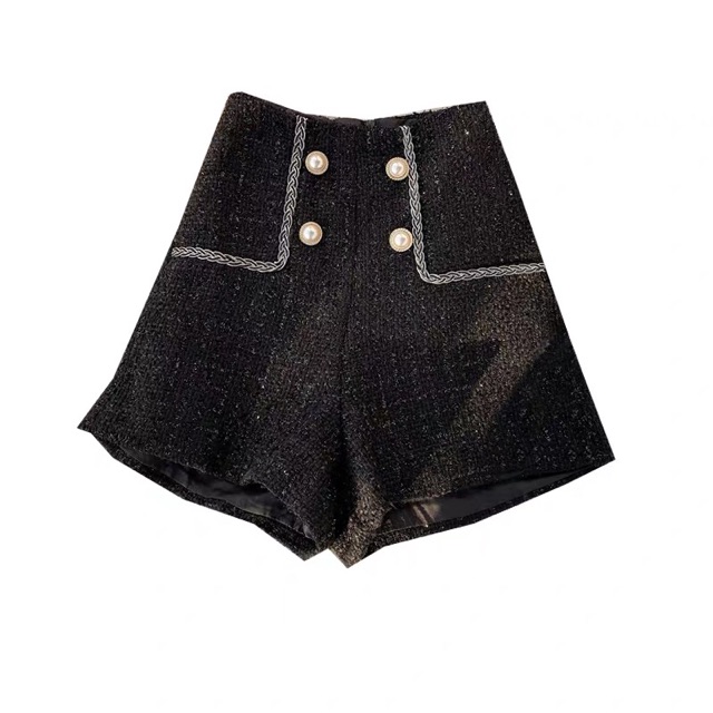 Quần short dạ tweed cạp cao đính cúc ngọc