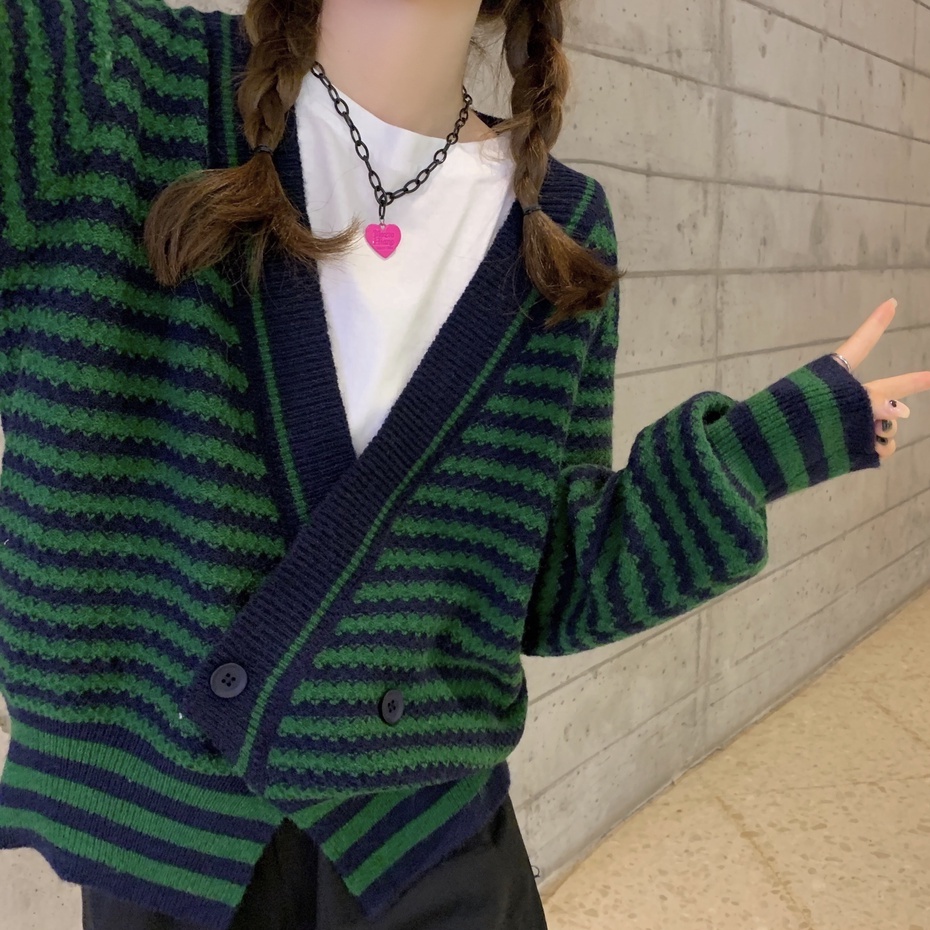 Áo Khoác Cardigan Dệt Kim Dáng Rộng Họa Tiết Kẻ Sọc Thời Trang Mùa Thu Phong Cách Hàn Quốc Mới Cho Nữ