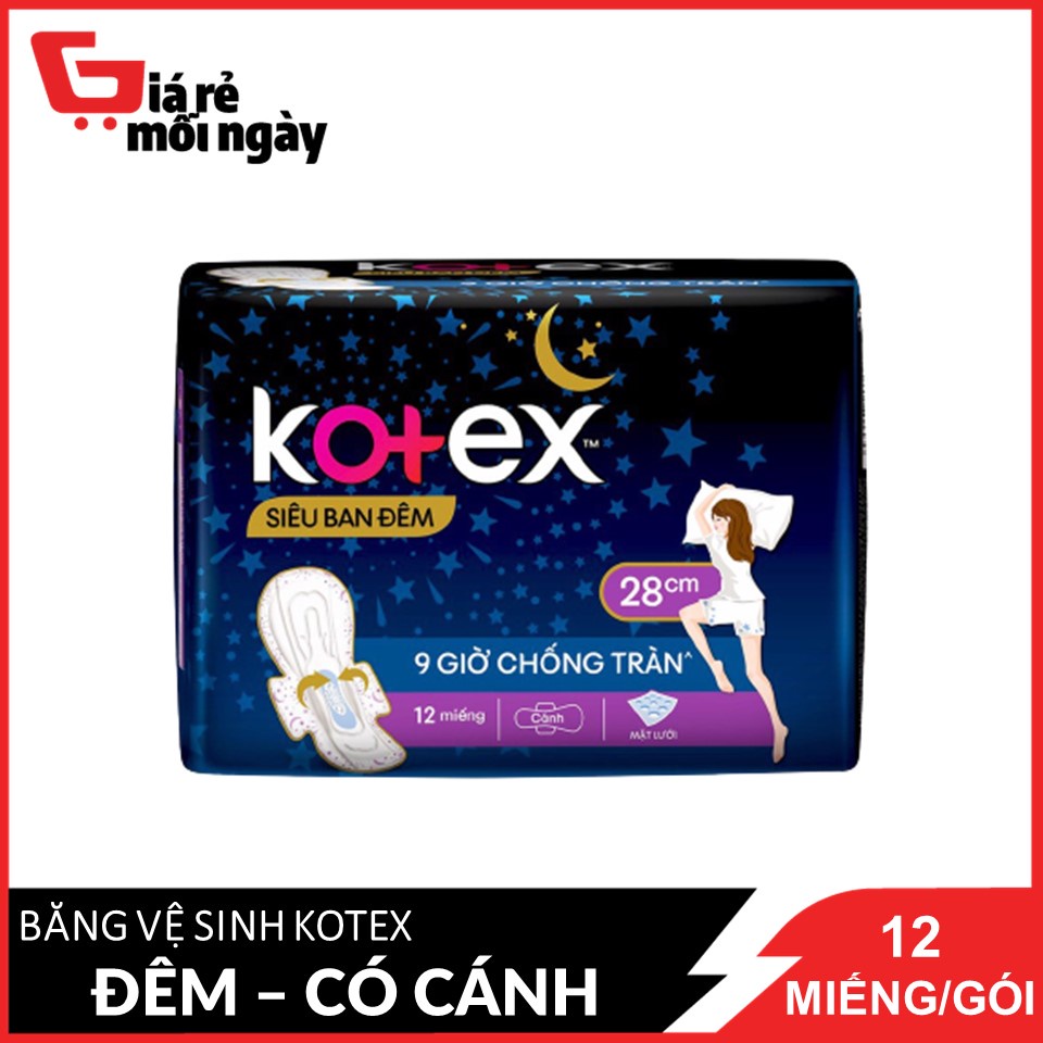 Băng Vệ Sinh Có Cánh 28cm Kotex Siêu Ban Đêm 9 Giờ Chống Tràn 12 miếng