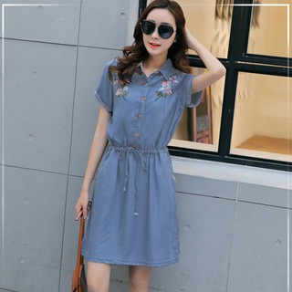 Đầm Jean Nữ Dây Rút Eo Thêu Hoa