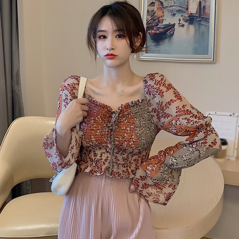 Áo Voan Croptop Màu Sắc Tương Phản Phong Cách Retro Cho Nữ