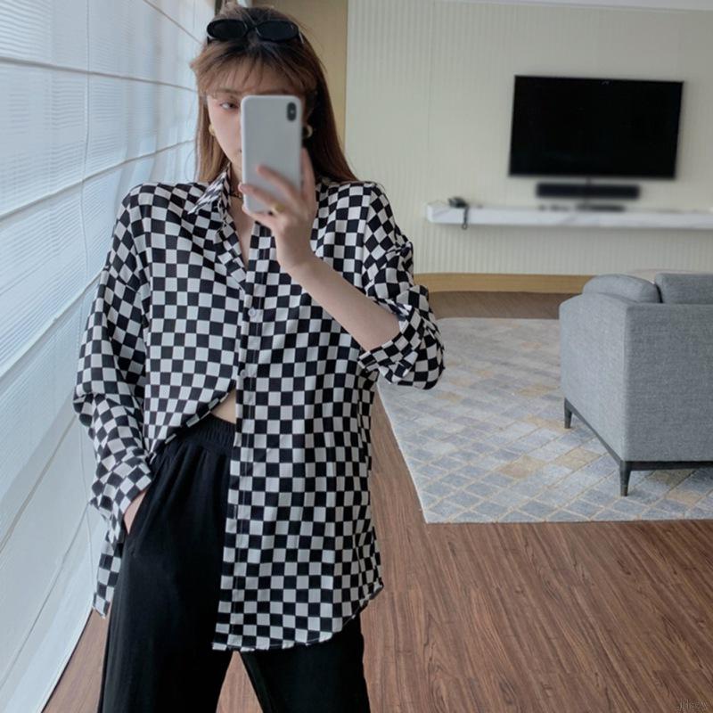 Áo Sơ Mi Nữ Dài Tay Dáng Rộng Họa Tiết Caro Phong Cách Hàn Quốc