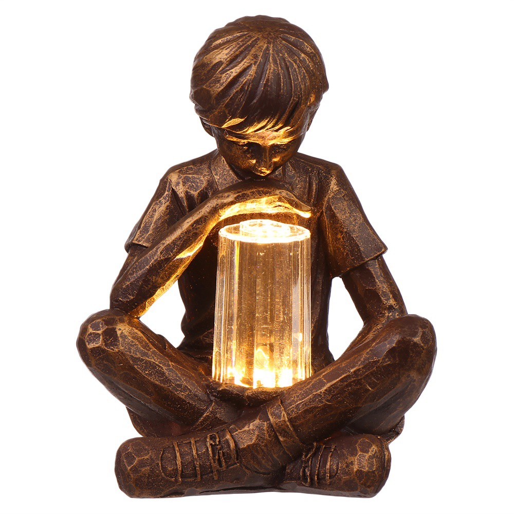 ☆YOLA☆ LED Light Boy with Fireflies Holiday Ornament Sculpture with Light Resin Garden Boy Vintage Artistic Statue Gifts Festival Decoration Garden Lights Statue Glimpses of God