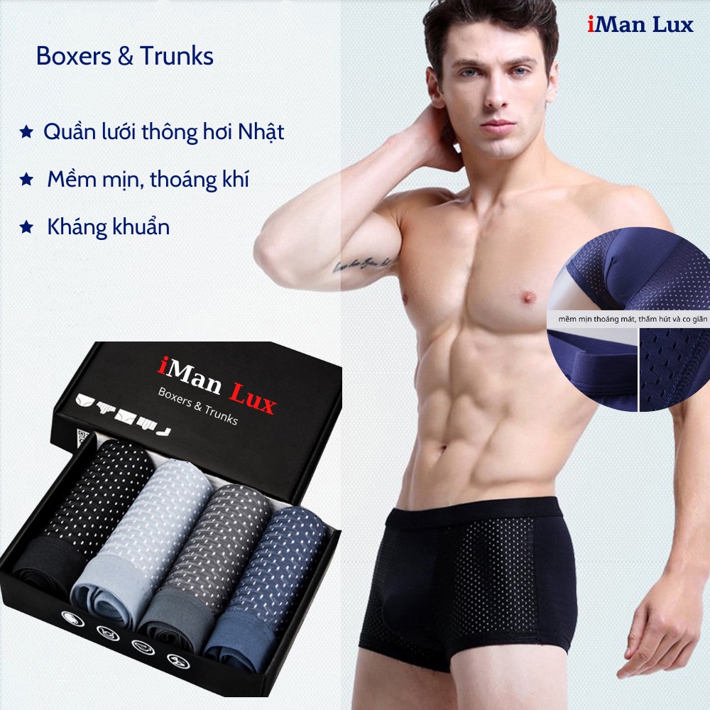 Combo Hộp 4 Quần Sịp Đùi Nam Nhật Bản, Quần Lót Nam Thông Hơi Dạng Lưới Cao Cấp iMan Lux