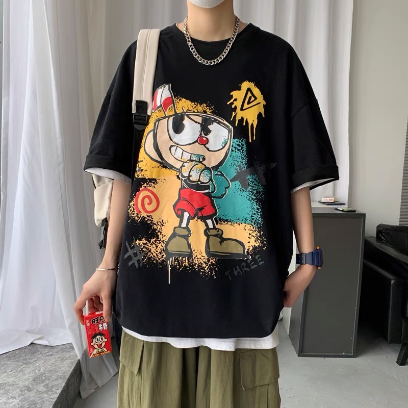 Áo thun tay lỡ nam nữ, áo phông unisex form rộng chất cotton mát mịn thấm hút mồ hôi in hình hoạt hình SIB111