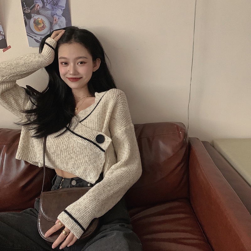 QADCOL Áo sweater tay dài dáng ôm phối hàng nút đơn thời trang cho nữ