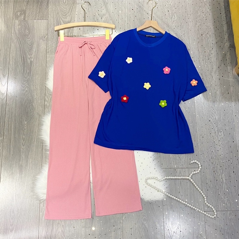 Áo thun tay lỡ form rộng đính hình hoa nổi trên áo siêu xinh có sẵn, đủ màu - clothing for girl