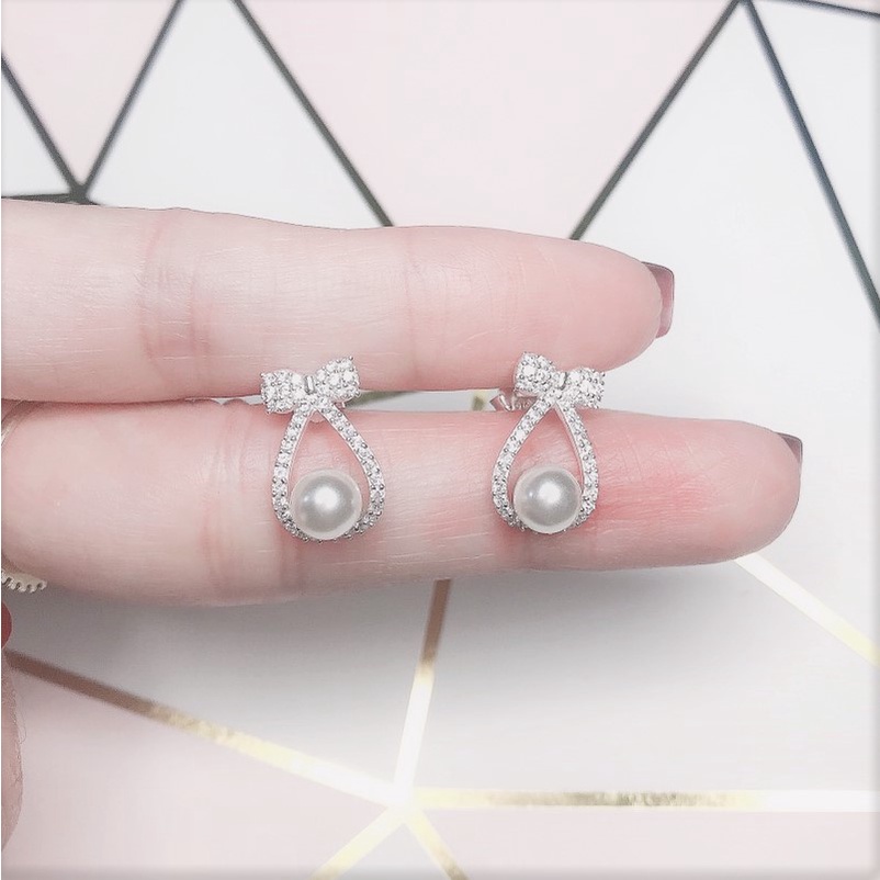 Bông tai bạc cao cấp Evasilver hình lơ đính ngọc trai, Khuyên tai chất liệu bạc ta sang trọng nữ tính