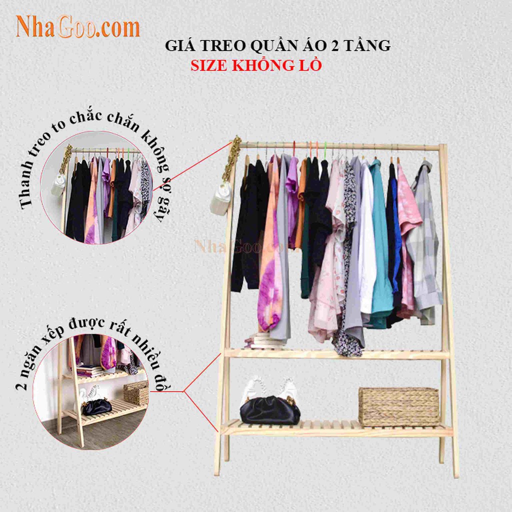 Giá Treo Quần Áo 2 Tầng Gỗ NHAGOO Size L - Kệ Sào Treo Quần Áo Lắp Ráp