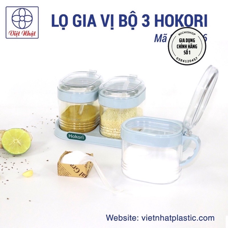 Bộ 3 Lọ Gia Vị Kèm Thìa Có Nắp Đậy Cao Cấp Hokori Việt Nhật, Hũ Đựng Gia Vị Nhựa Kính Cỡ Lớn Kiểu Dáng Sang Trọng