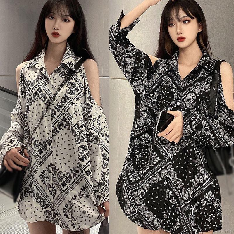 Áo trễ vai in hoạ tiết dài tay cho phụ nữ