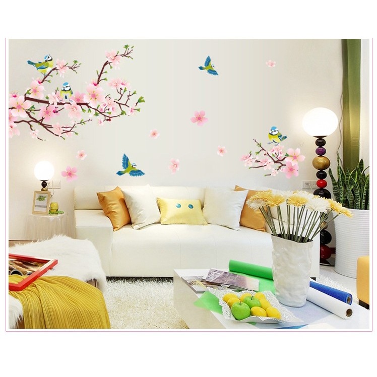 Decal dán tường Đào hồng và chim - DH002 - PVC vinyl