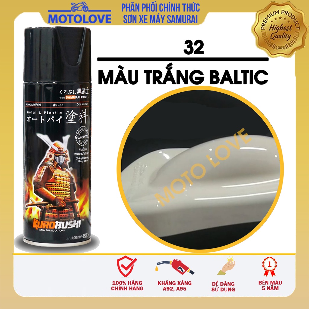Sơn Samurai màu trắng baltic 32 - chai sơn xịt chuyên dụng nhập khẩu từ Malaysia.
