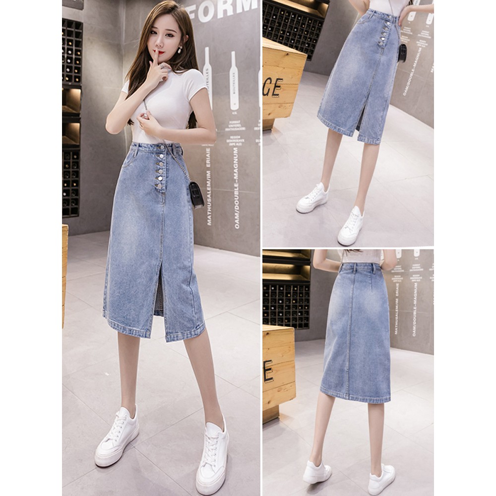 Sẵn S, M, L Lên đồ shop  Chân váy bò Denim cạp cao đính khuy lệch xẻ tà