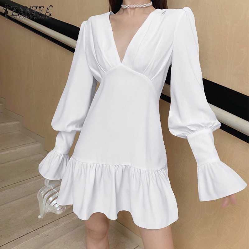 Đầm mini ZANZEA tay xòe cổ V viền nhún bèo thời trang thanh lịch cho nữ