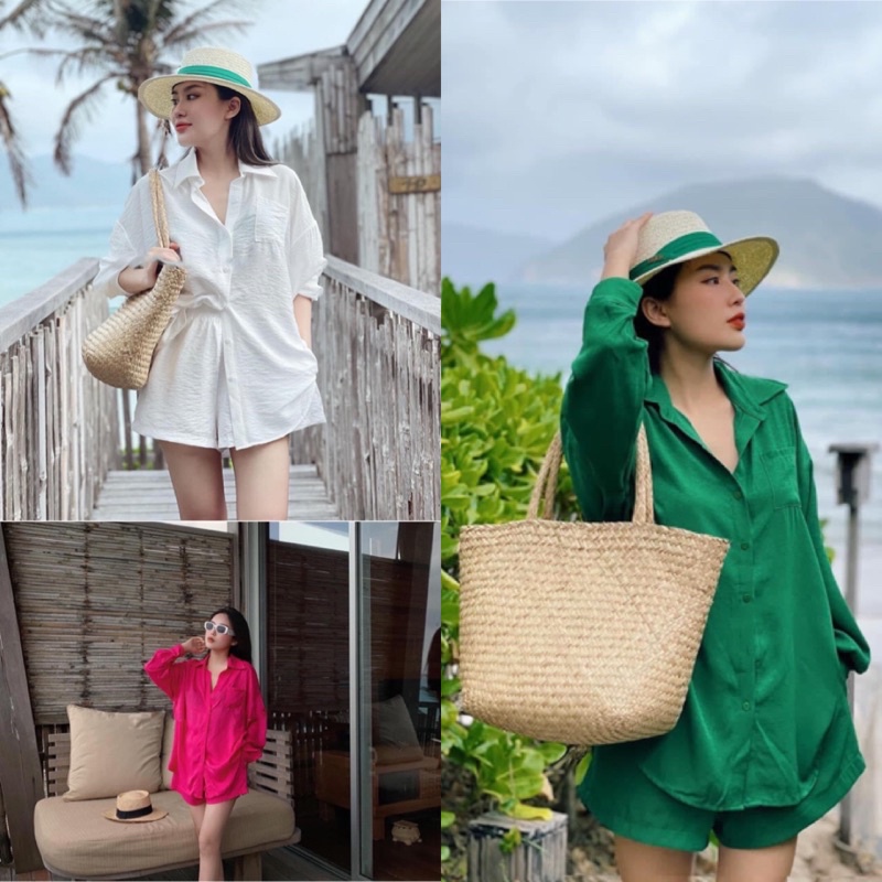 SET ĐŨI ÁO SƠ MI FORM DÀI + QUẦN SHORT FULL MÀU ĐI BIỂN, DU LỊCH