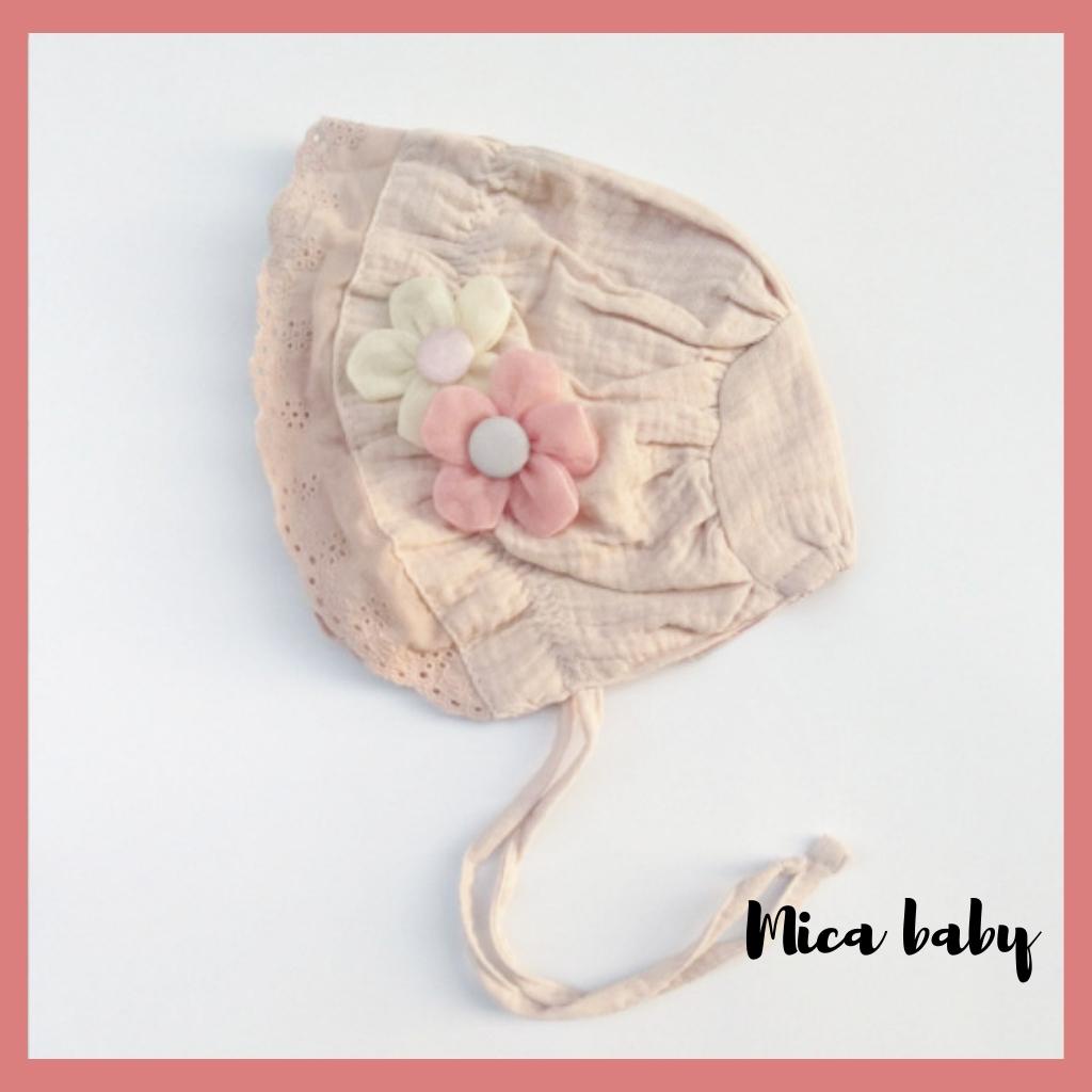 Mũ nón tiểu thư vải đũi đính bông hoa dễ thương cho bé gái MTT159 Mica Baby