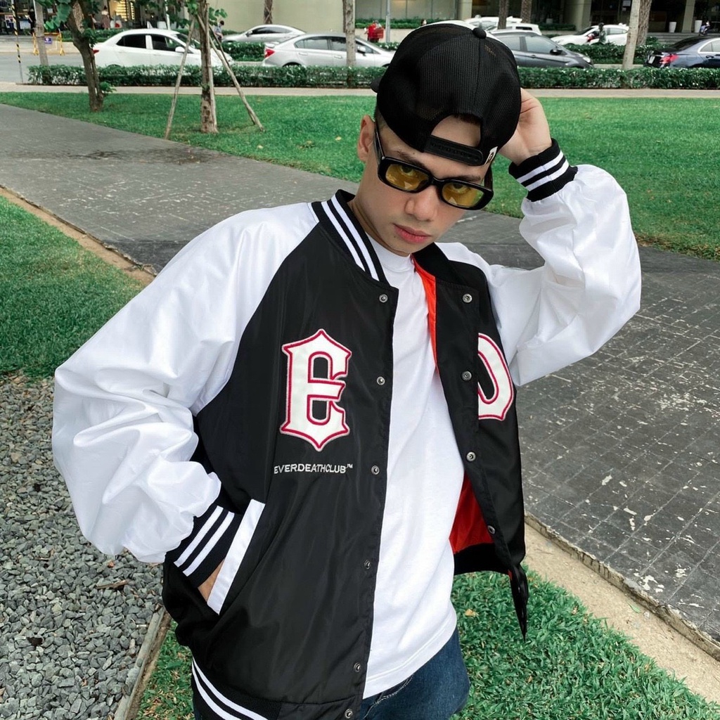 Áo Khoác Varcity Dù Đen Phối Trắng Cực Trend - Áo Khoác Unisex Nam Nữ Kay Boutique - Áo Khoác Bomber