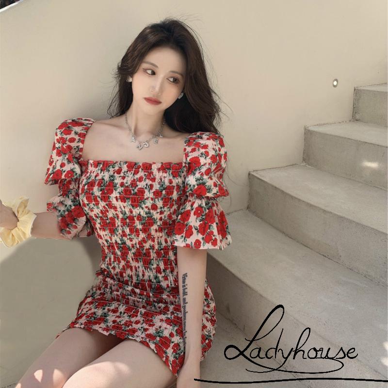 Đầm Ôm Dáng Tay Phồng Ngắn In Họa Tiết Hoa Quyến Rũ Dành Cho Nữ