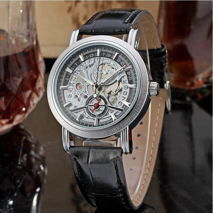 WINNER Top Brand Men Auto Mechanical Watch Date Sub-dial Skeleton Hollow Out Self-winding Genuine Leather Strap Watches