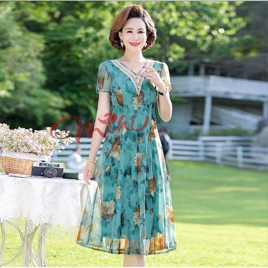 Váy Đầm trung niên nữ cho mẹ phối hoa cao cấp V81a- Áo đầm kiểu thời trang dự tiệc dạ hội đẹp cho người lớn tuổi Bigsize