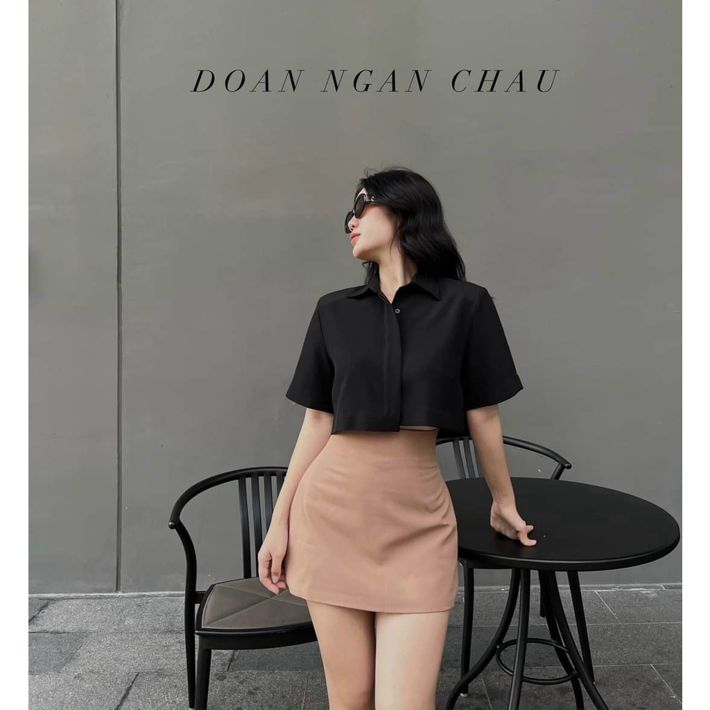 Sét áo và chân váy nữ áo kiểu sơ mi croptop kèm chân váy mini có lót trong