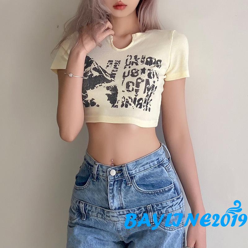 Áo thun croptop dáng ôm ngắn tay cổ khoét in hình thời trang cho nữ