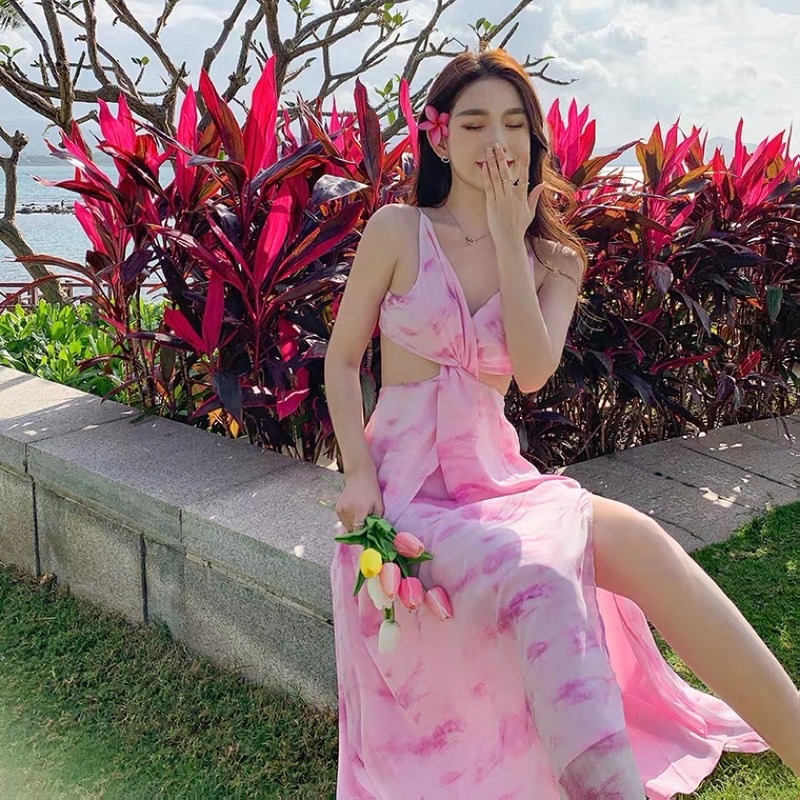 /order taobao/ Đầm Maxi 2 dây Đan Lưng Hồng Yêu Yêu