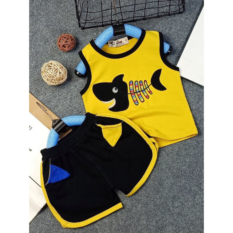 Bộ thun cotton bé trai thêu cá vân gỗ siêu xinh