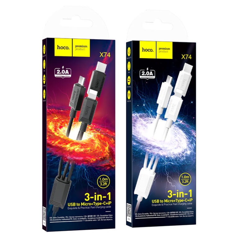 Cáp sạc 3 đầu Hoco X74 chất liệu nhựa cao cấp sạc nhanh 2A dài 1M