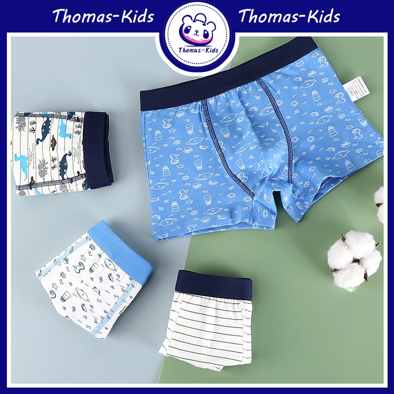 Set 4 Quần Lót Boxer Cotton In Họa Tiết Khủng Long Hoạt Hình Thoải Mái Cho Bé Trai 1-13 Tuổi