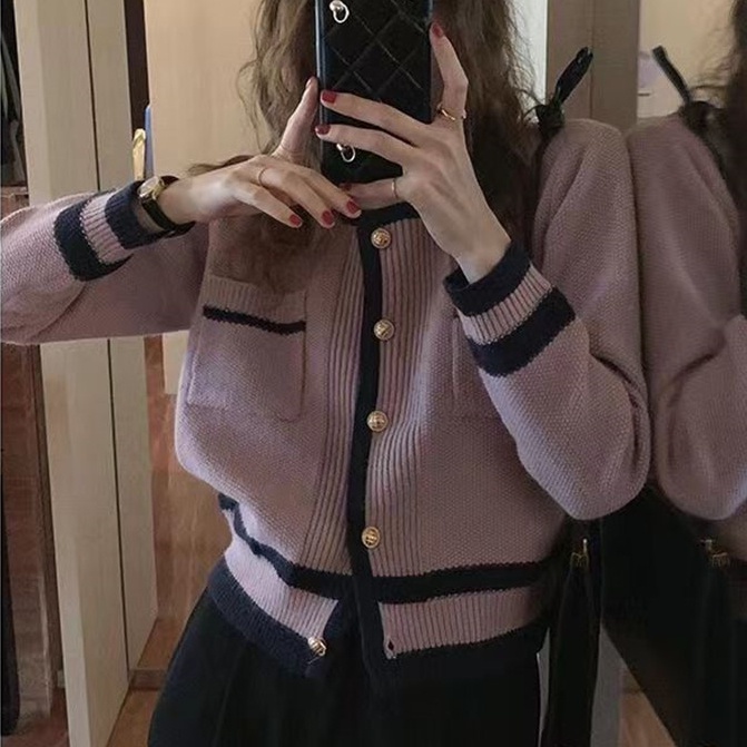 SUXI Áo khoác cardigan dệt kim tay dài dáng rộng cổ tròn màu sắc tương phản phong cách Hàn Quốc thời trang cho nữ