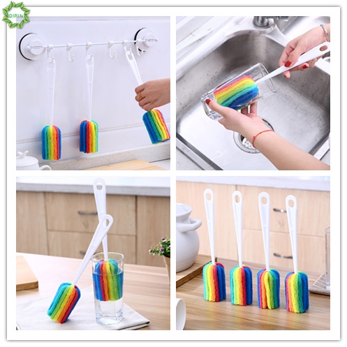 1 cọ rửa ly tay cầm dài bằng bọt biển màu cầu vồng đa năng