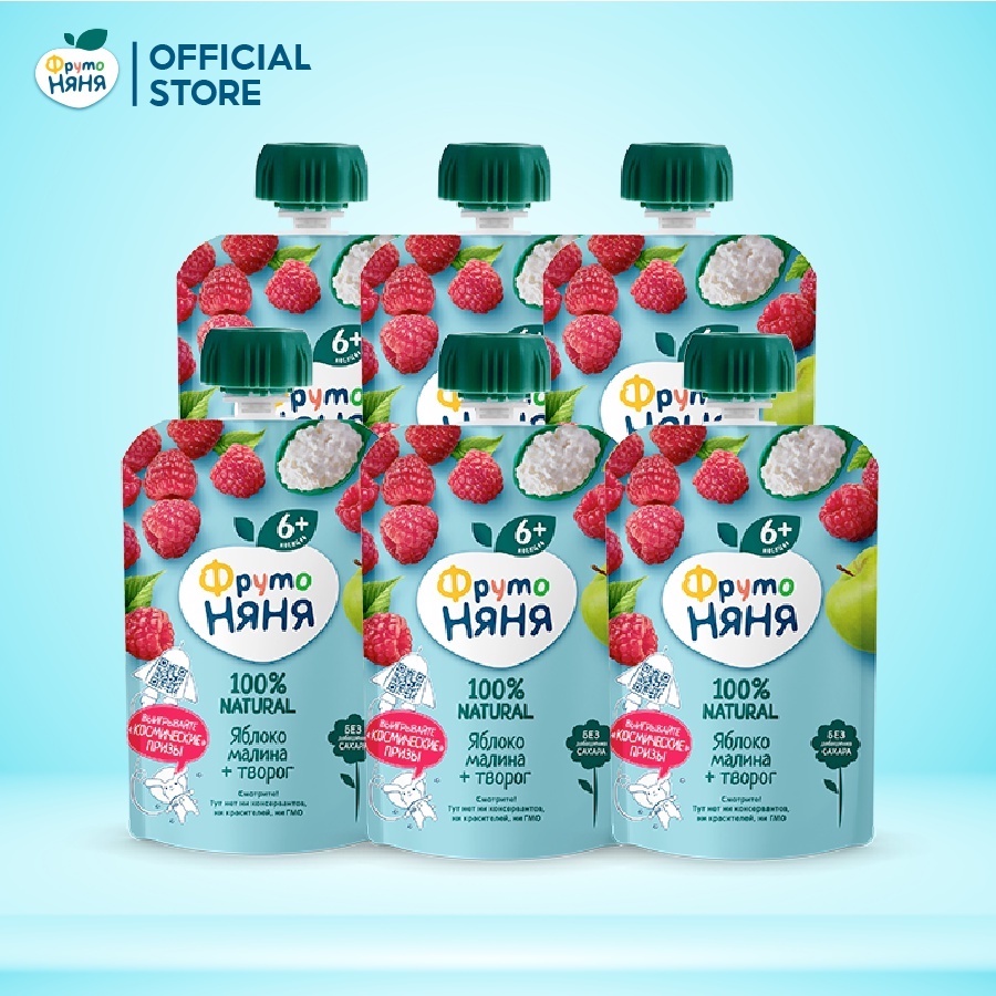 Combo 6 Gói Trái cây nghiền vị táo, mâm xôi và phomai tươi Fruto Nyanya 90g/gói