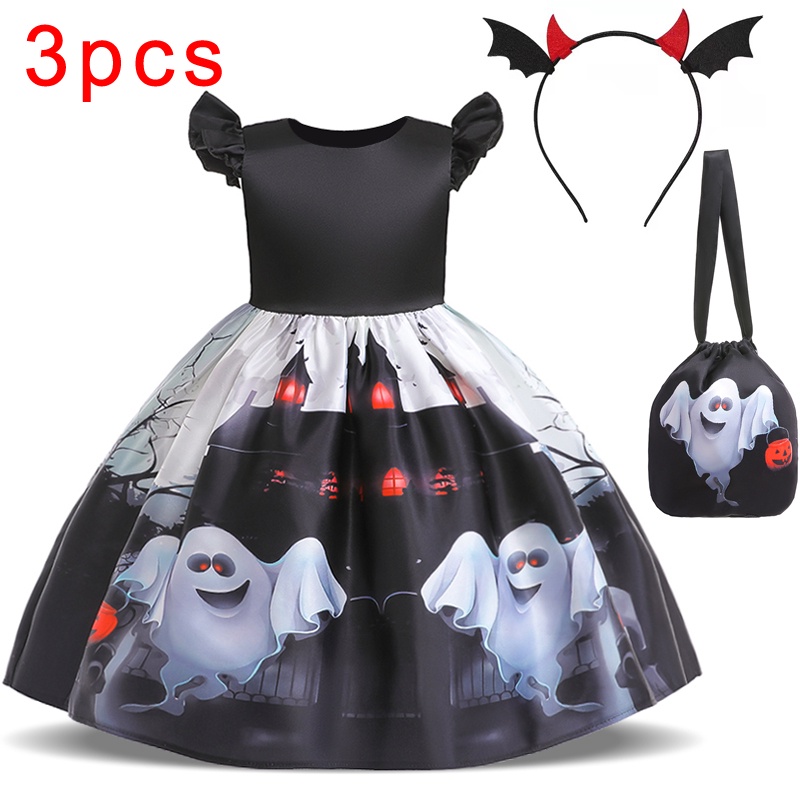 Set 3 món MQATZ Đầm công chúa Halloween có túi đựng và băng đô dành cho bé gái