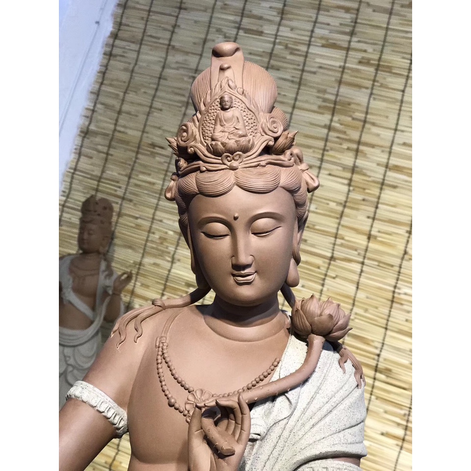Tượng Quan Âm Đại Thế Chí Bồ Tát gốm tử sa cao cấp- tượng phật trang trí decor không gian thiền tịnh