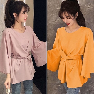 Áo Kiểu Tay Loe Thắt Nơ Eo Thời Trang Cho Nữ